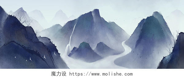 古风山水墨色中国风水墨画展板海报背景插画素材